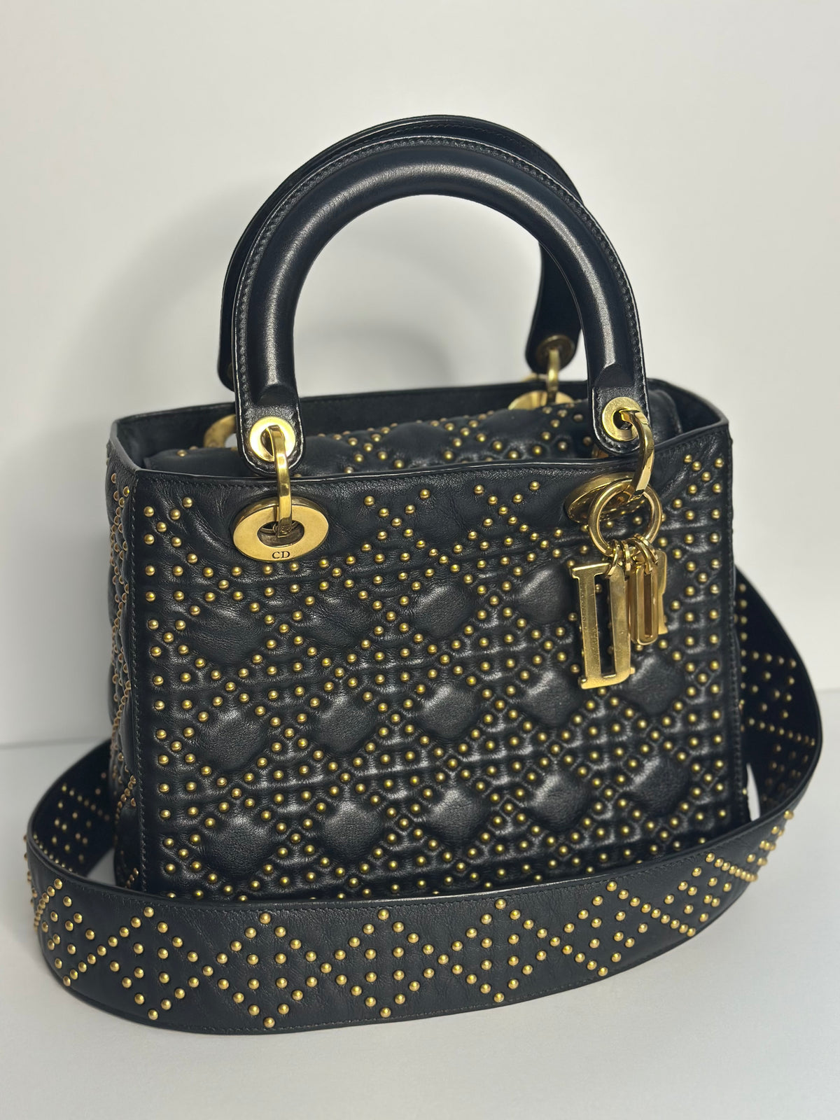 Pre-owned Christian Dior Supple Lady Dior Bag Cannage Studded Lambskin Medium