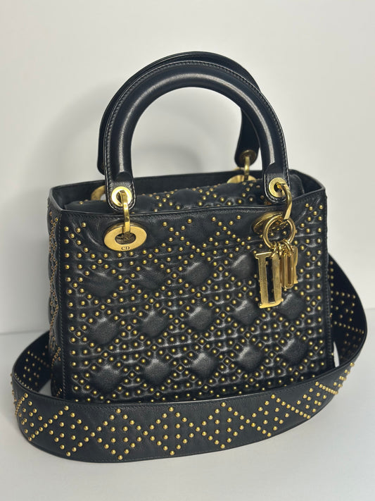 Pre-owned Christian Dior Supple Lady Dior Bag Cannage Studded Lambskin Medium