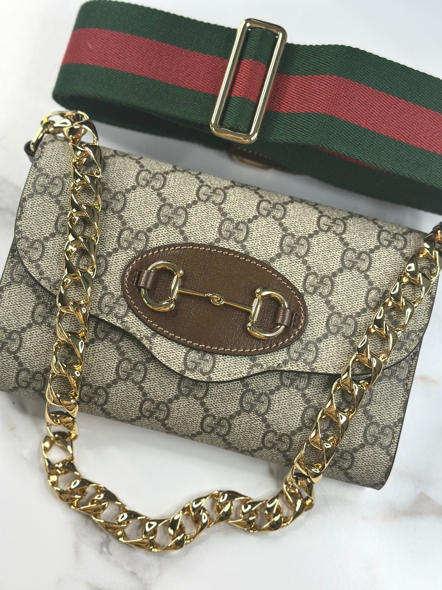 Pre-owned Gucci Horsebit 1955 Curved Flap Shoulder Bag GG Coated Canvas Mini crossbody