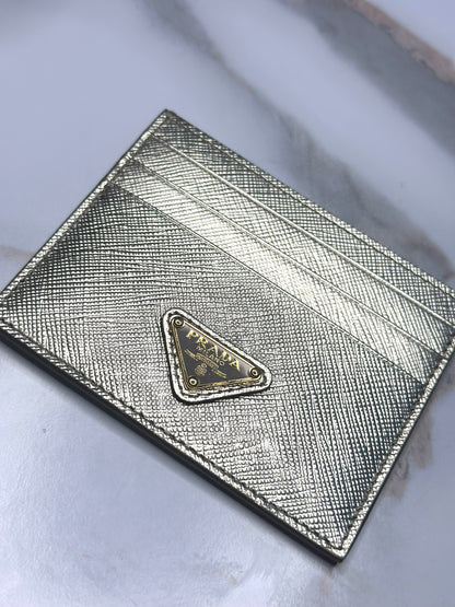 Pre-owned Prada metallic gold Saffiano leather card holder