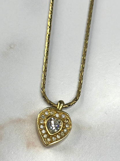 Pre-owned Christian Dior Vintage Heart Pendant Necklace Gold and Rhinestones