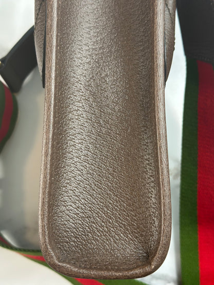 Pre-owned Gucci Monogram Jumbo GG Textured Dollar Calfskin Web Mini Vertical Tote Camel Ebony crossbody
