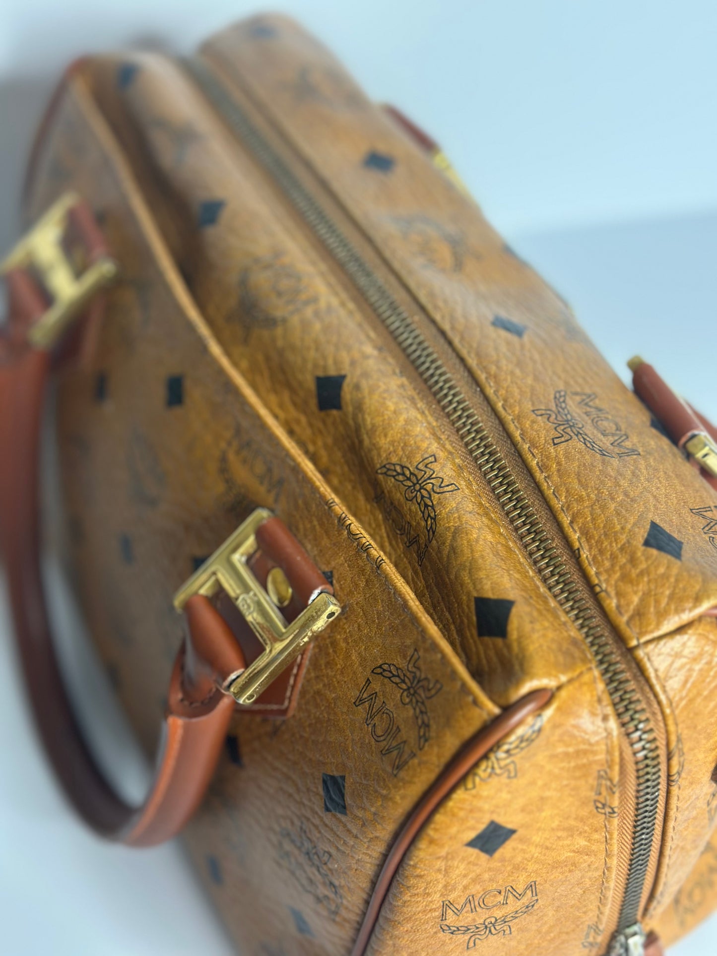 Pre-owned MCM vintage Boston bag in cognac Visetos monogram canvas with brown leather handles