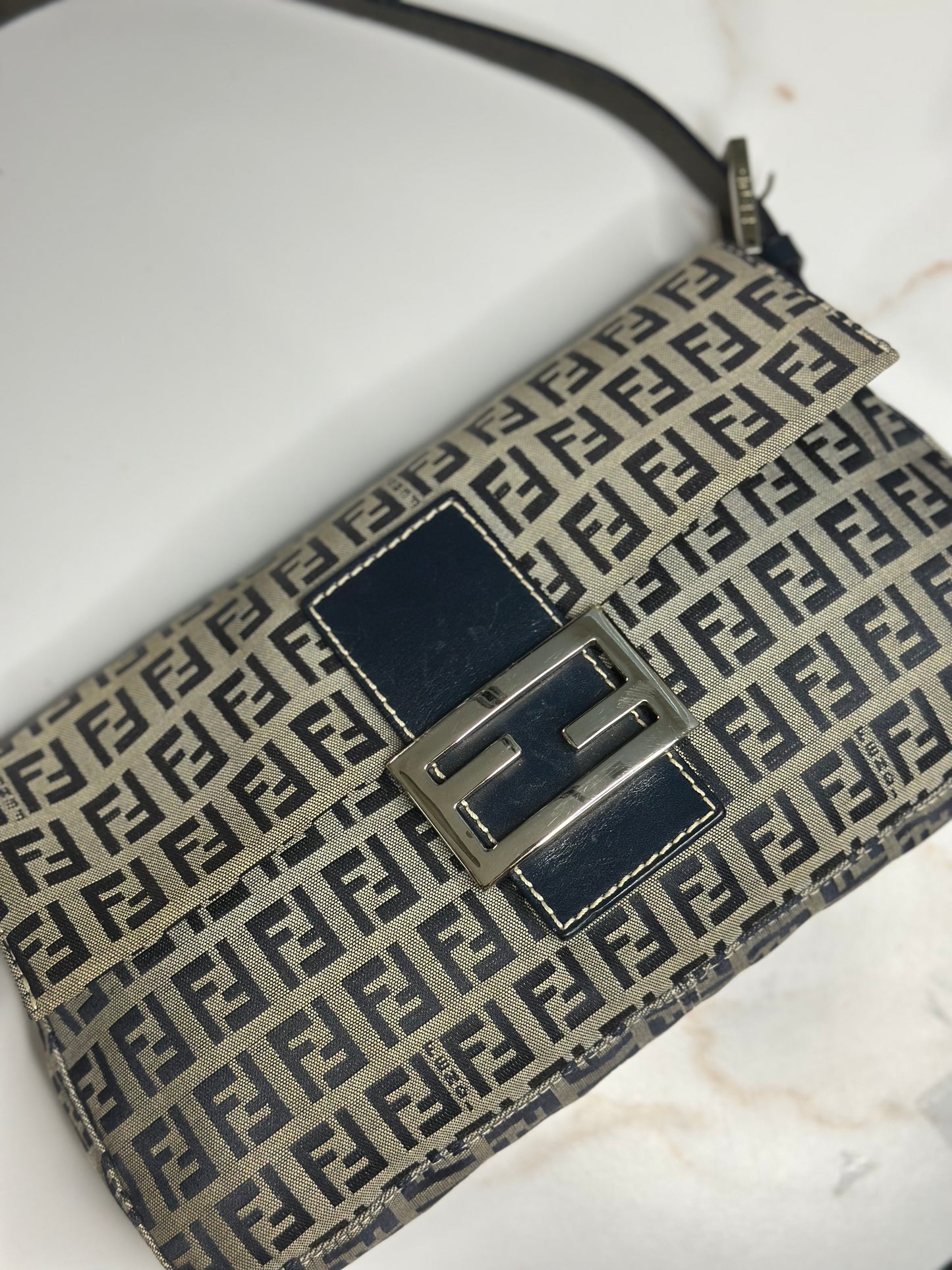 Pre-owned Fendi Zucchino Baguette Shoulder Bag in Blue
