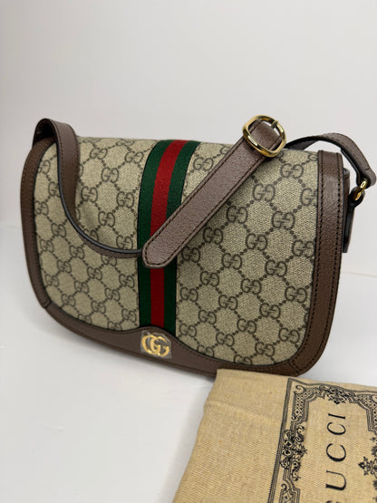 Pre-owned Gucci GG Supreme Monogram Web Small Ophidia Flap Messenger Bag Brown