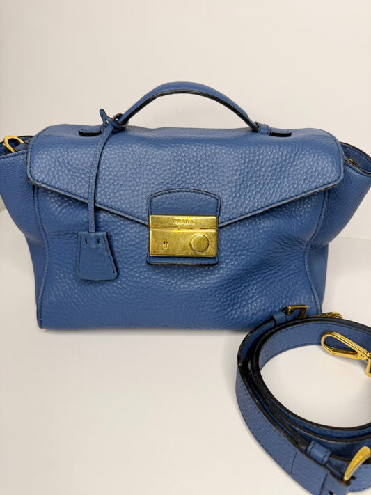 Pre-owned Prada Vitello Daino Sound Lock Satchel in blue grained leather Crossbody
