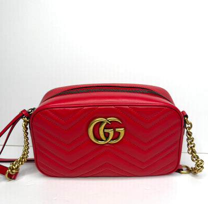 Pre-owned Gucci Matelasse Small GG Marmont Chain Shoulder Bag Hibiscus Red