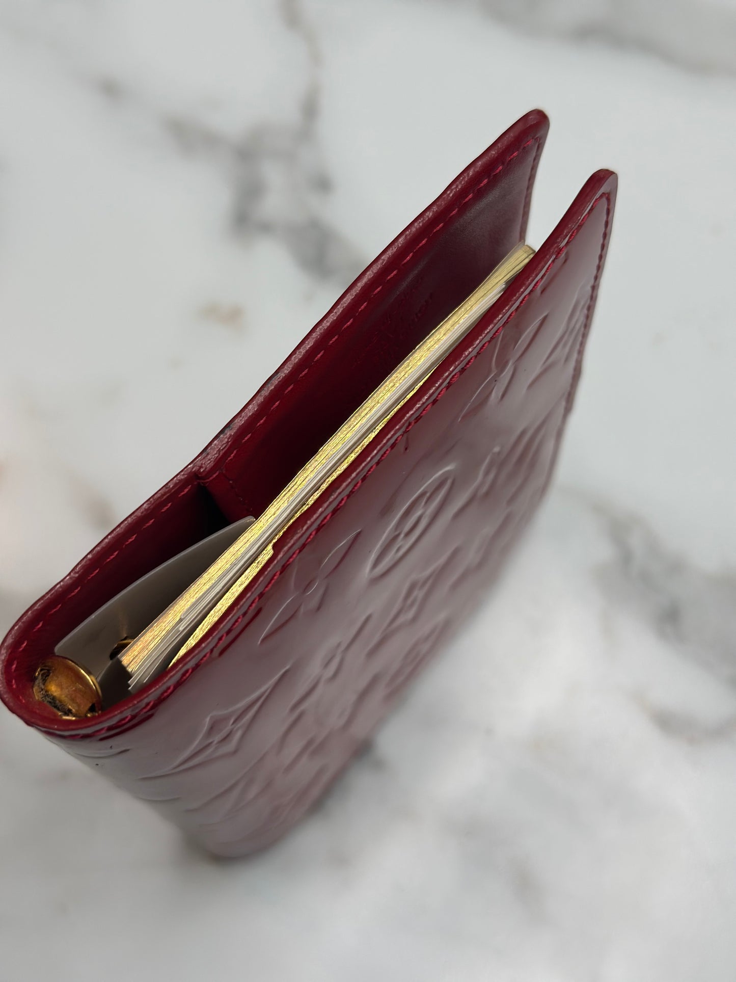 Pre-owned Louis Vuitton red vernis Vernis Small Ring Agenda Cover Pomme D'Amour agenda PM