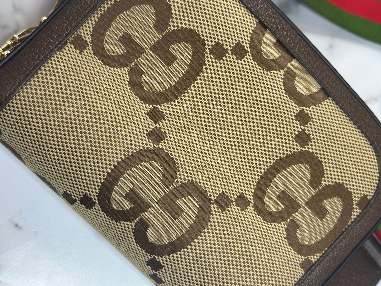 Pre-owned Gucci Horsebit 1955 Mini Shoulder Bag in beige and brown Jumbo GG canvas crossbody