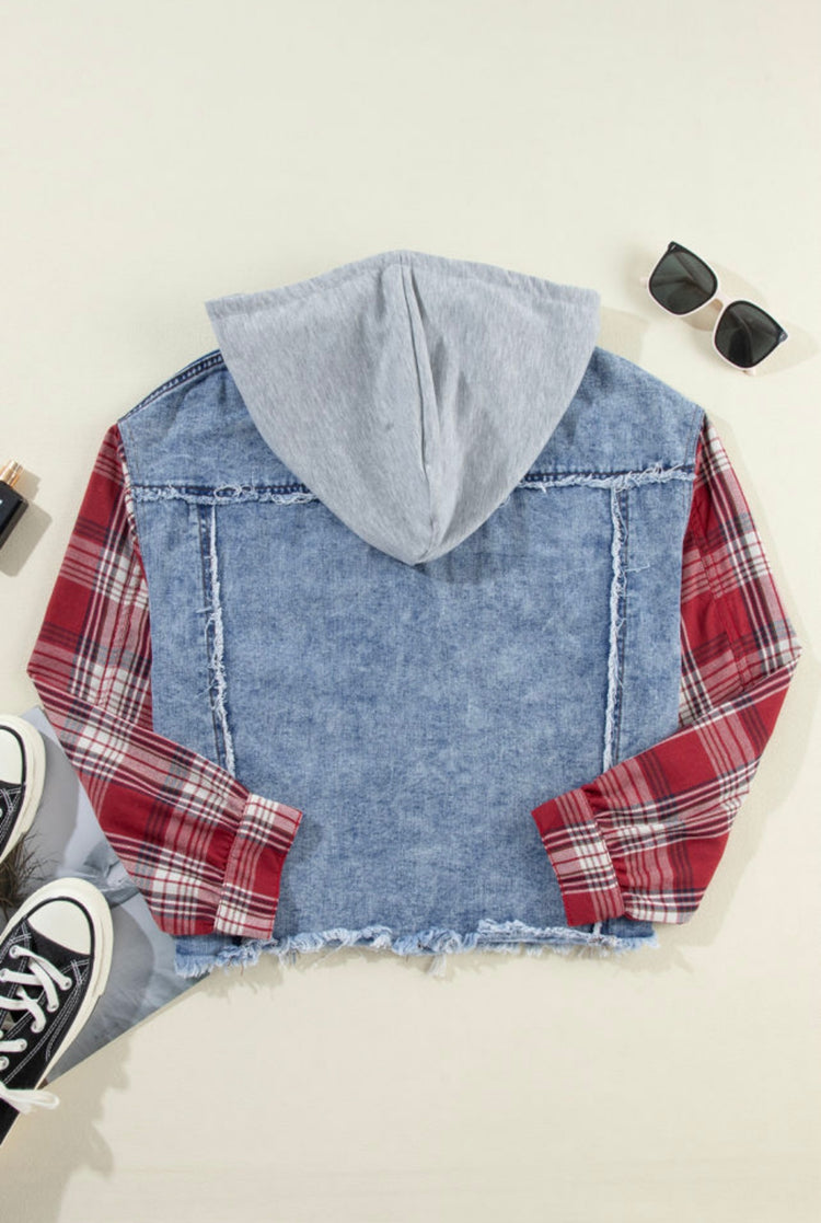 Plaid Patchwork Raw Hem Denim Jacket