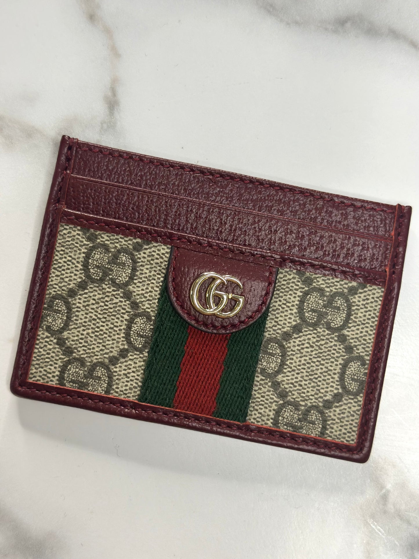 Pre-owned Gucci GG Ophidia supreme canvas x burgundy leather card holder