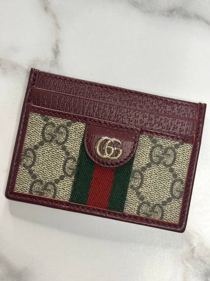 Pre-owned Gucci GG Ophidia supreme canvas x burgundy leather card holder