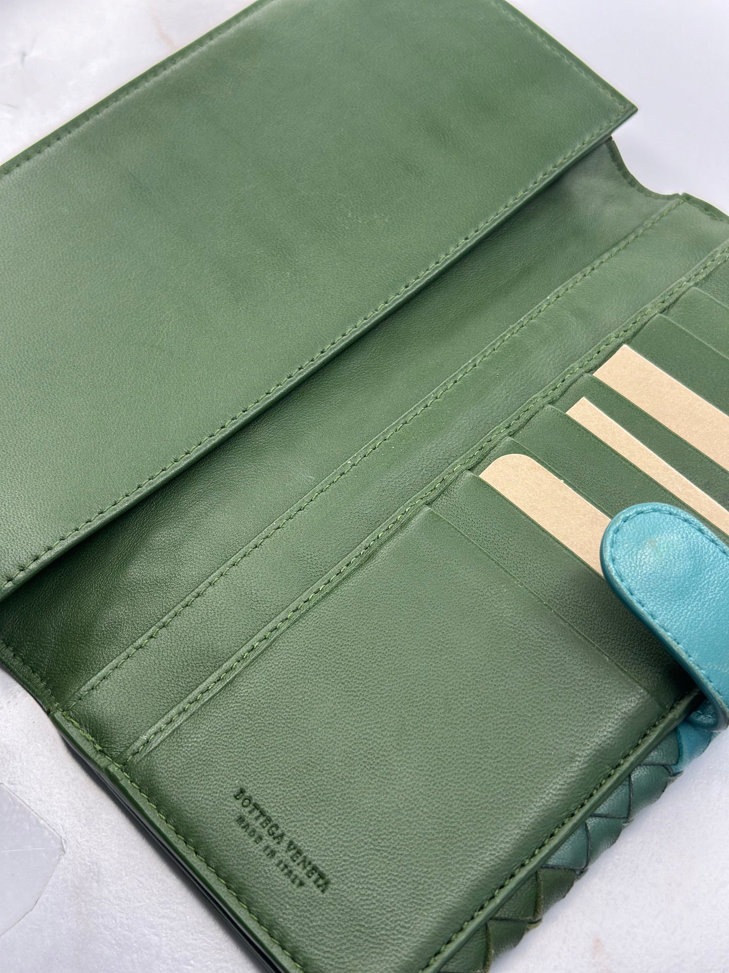 Pre-owned Bottega Veneta rare green and turquoise colorwave Intrecciato woven leather long wallet