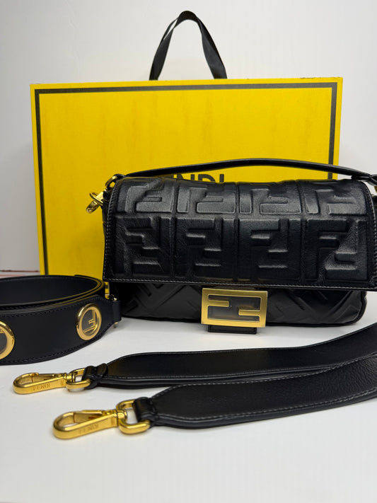 Pre-owned Fendi Nappa FF 1974 Embossed Baguette Black