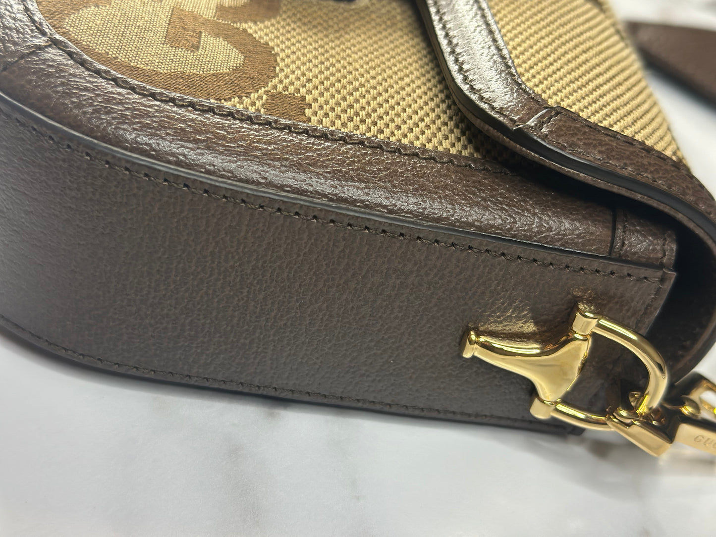 Pre-owned Gucci Horsebit 1955 Mini Shoulder Bag in beige and brown Jumbo GG canvas crossbody