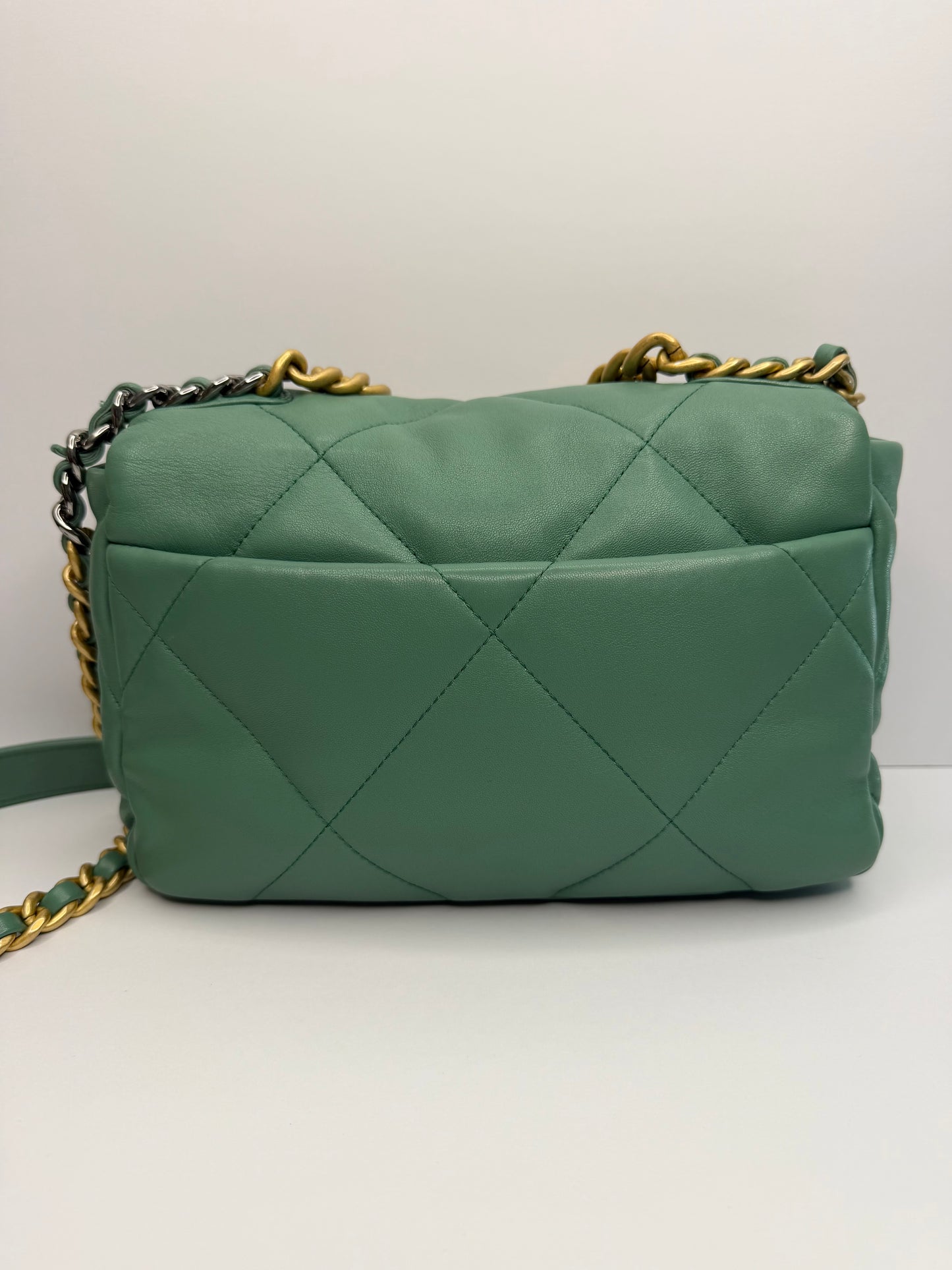 Pre-owned Chanel Lambskin Quilted Medium 19 Flap aquamarine crossbody