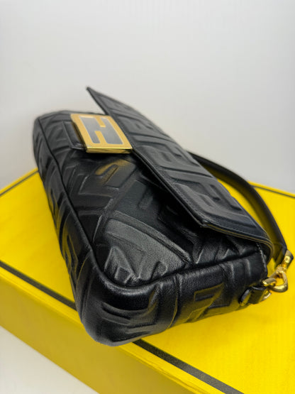 Pre-owned Fendi Nappa FF 1974 Embossed Baguette Black