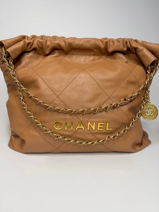 Pre-owned Chanel Caramel Calfskin Quilted 22 Hobo Bag Medium Antique Gold Hardware