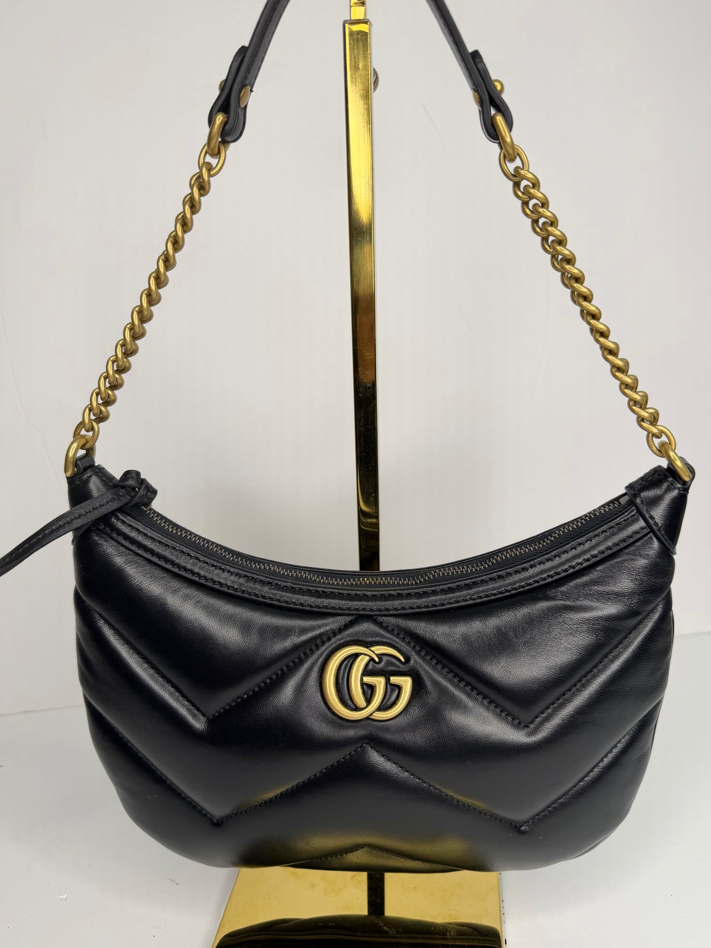Pre-owned Gucci GG Marmont Chain Moon Hobo Matelasse Leather Small