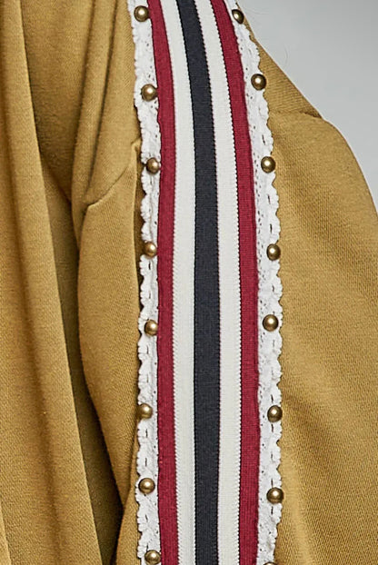 French Terry Striped Elastic Trim Stud Knit Hoodie Top