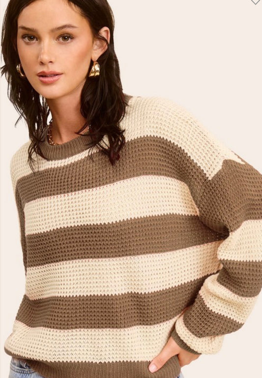 Loose Fit Striped Sweater-Khaki