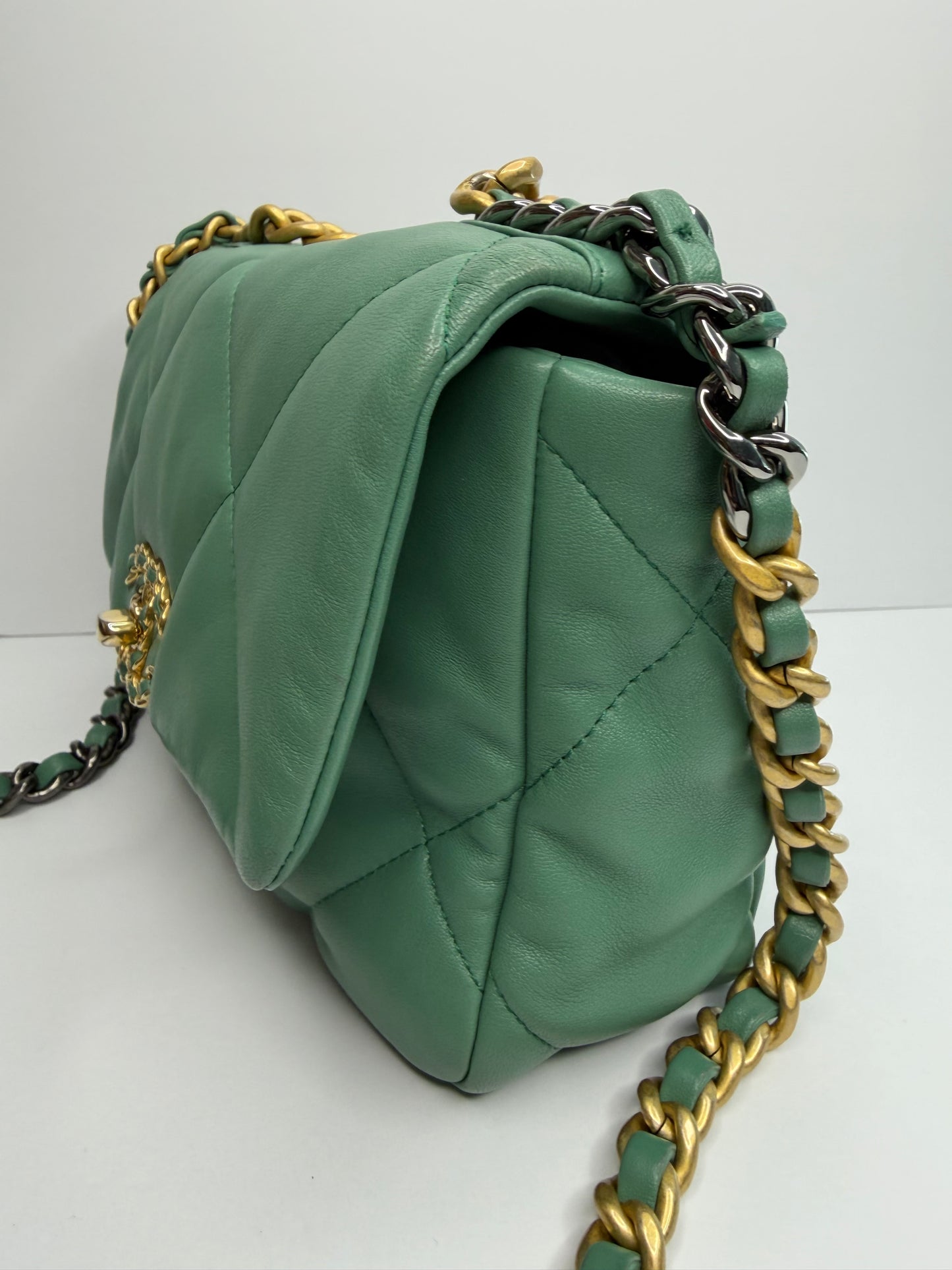 Pre-owned Chanel Lambskin Quilted Medium 19 Flap aquamarine crossbody