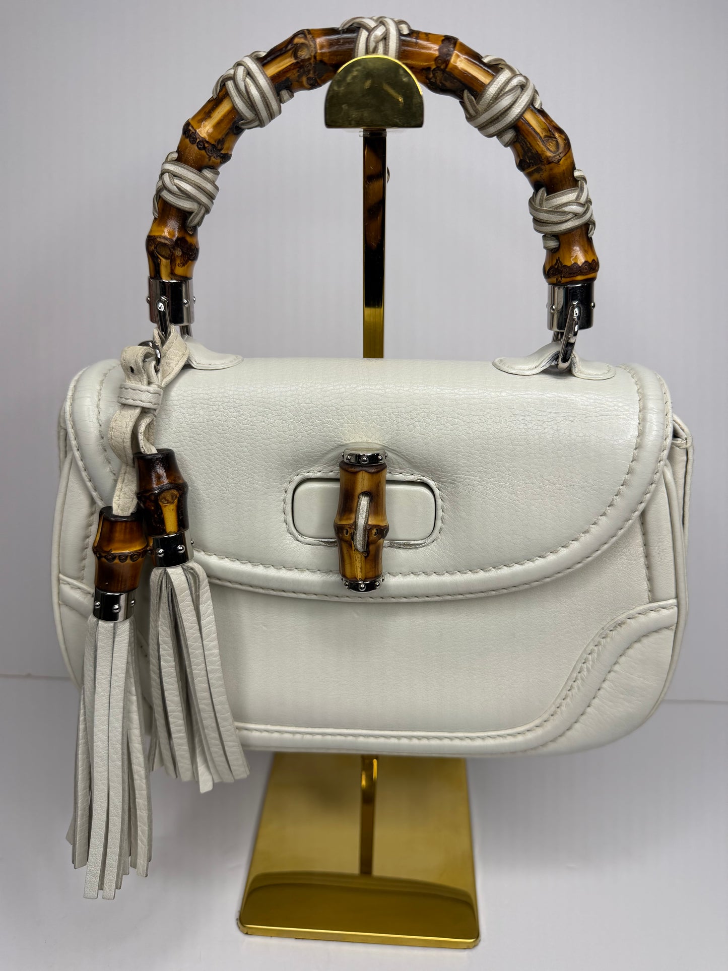 Pre-owned Gucci Bamboo Top Handle Bag Leather white leather