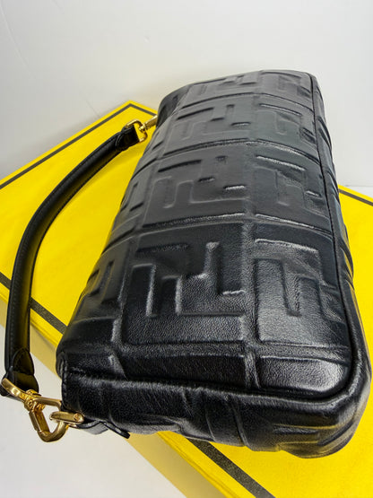Pre-owned Fendi Nappa FF 1974 Embossed Baguette Black