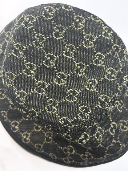 Pre-owned Gucci GG Logo Bucket Large Hat in black denim with a leather trim