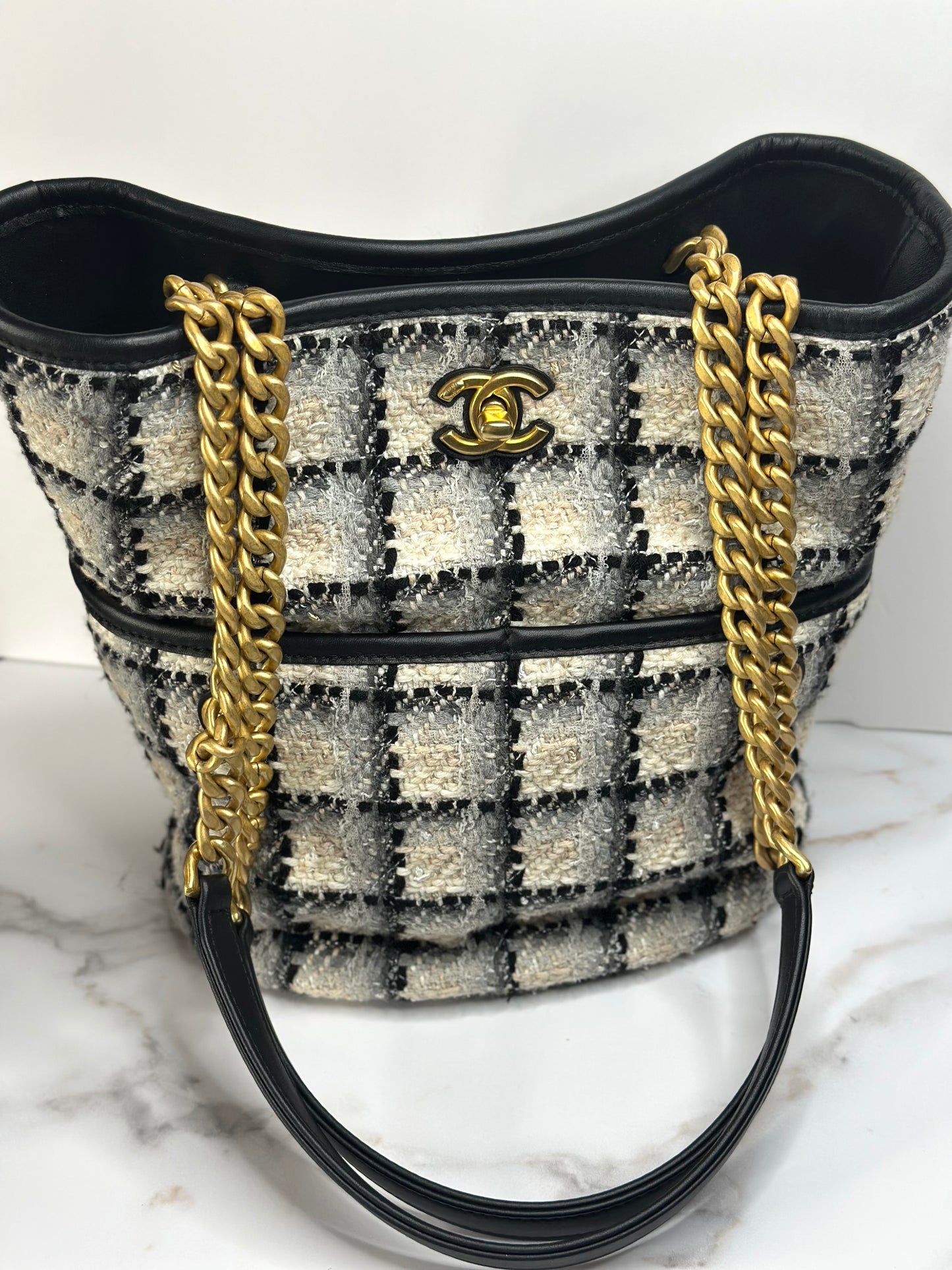 Pre-owned Chanel Coco Mark Chain Shoulder Bag Tote Tweed Leather Black Gray Multicolor Gold Hardware