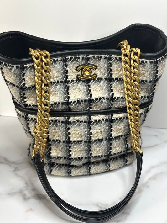 Pre-owned Chanel Coco Mark Chain Shoulder Bag Tote Tweed Leather Black Gray Multicolor Gold Hardware