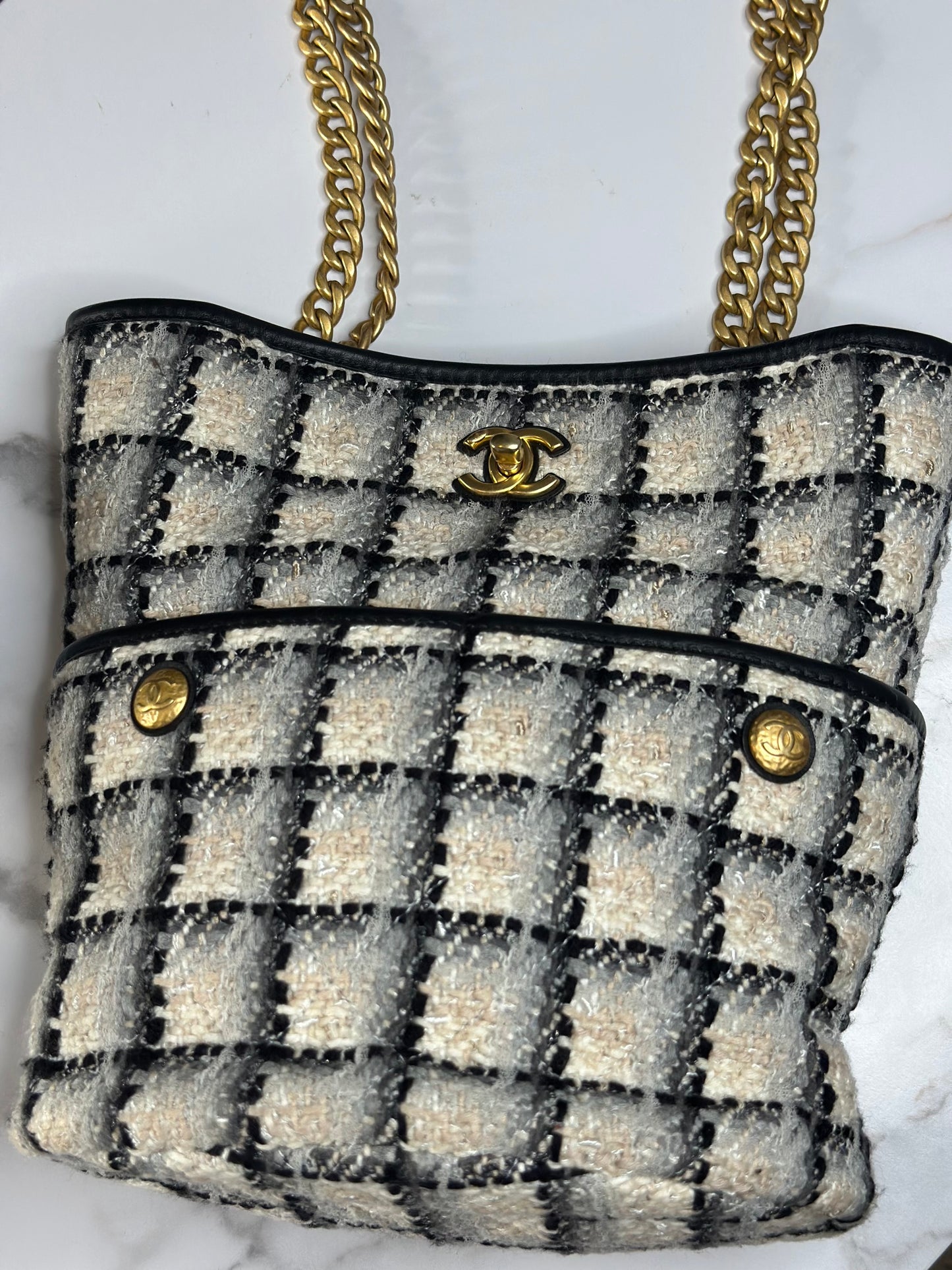 Pre-owned Chanel Coco Mark Chain Shoulder Bag Tote Tweed Leather Black Gray Multicolor Gold Hardware