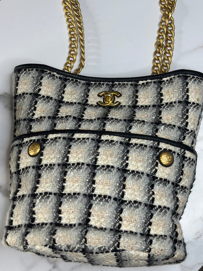 Pre-owned Chanel Coco Mark Chain Shoulder Bag Tote Tweed Leather Black Gray Multicolor Gold Hardware