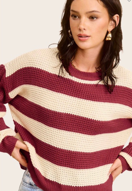 Loose Fit Striped Sweater-Burgundy