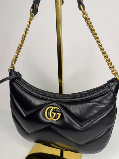 Pre-owned Gucci GG Marmont Chain Moon Hobo Matelasse Leather Small