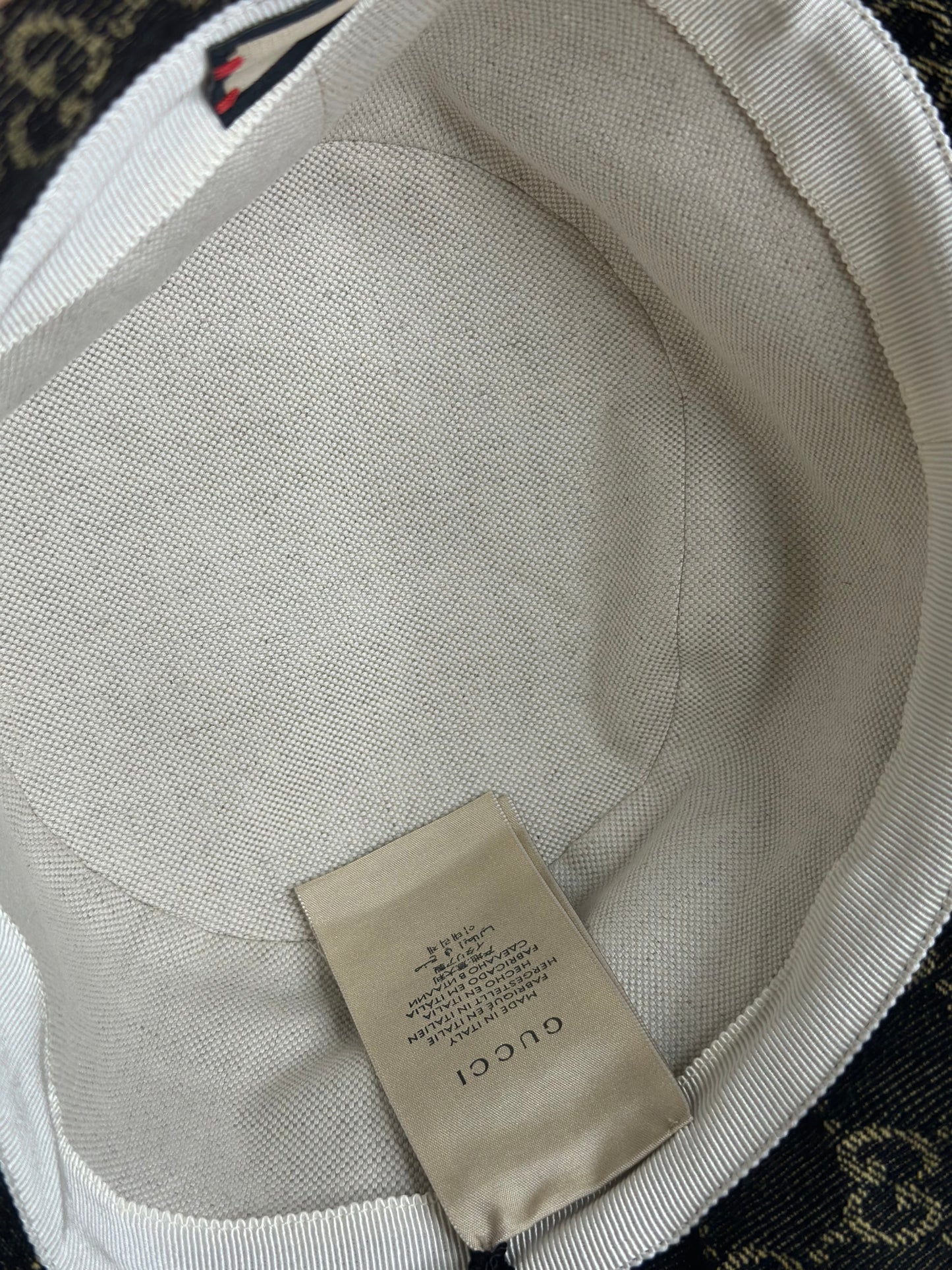 Pre-owned Gucci GG Logo Bucket Large Hat in black denim with a leather trim