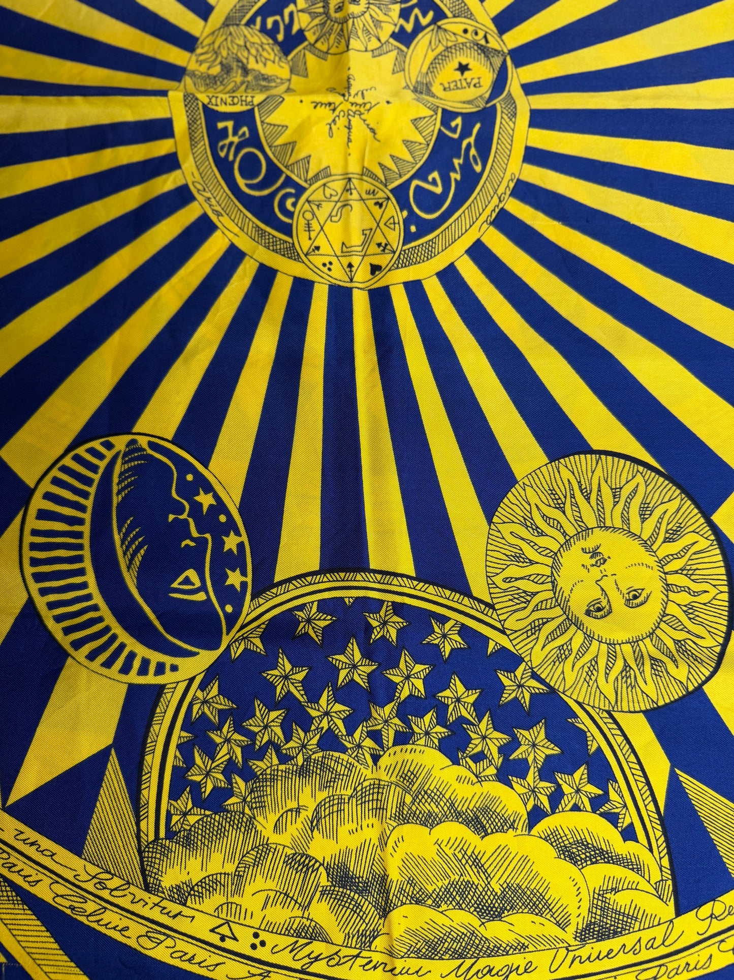 Pre-owned Celine Paris silk scarf yellow and blue design celestial motif.