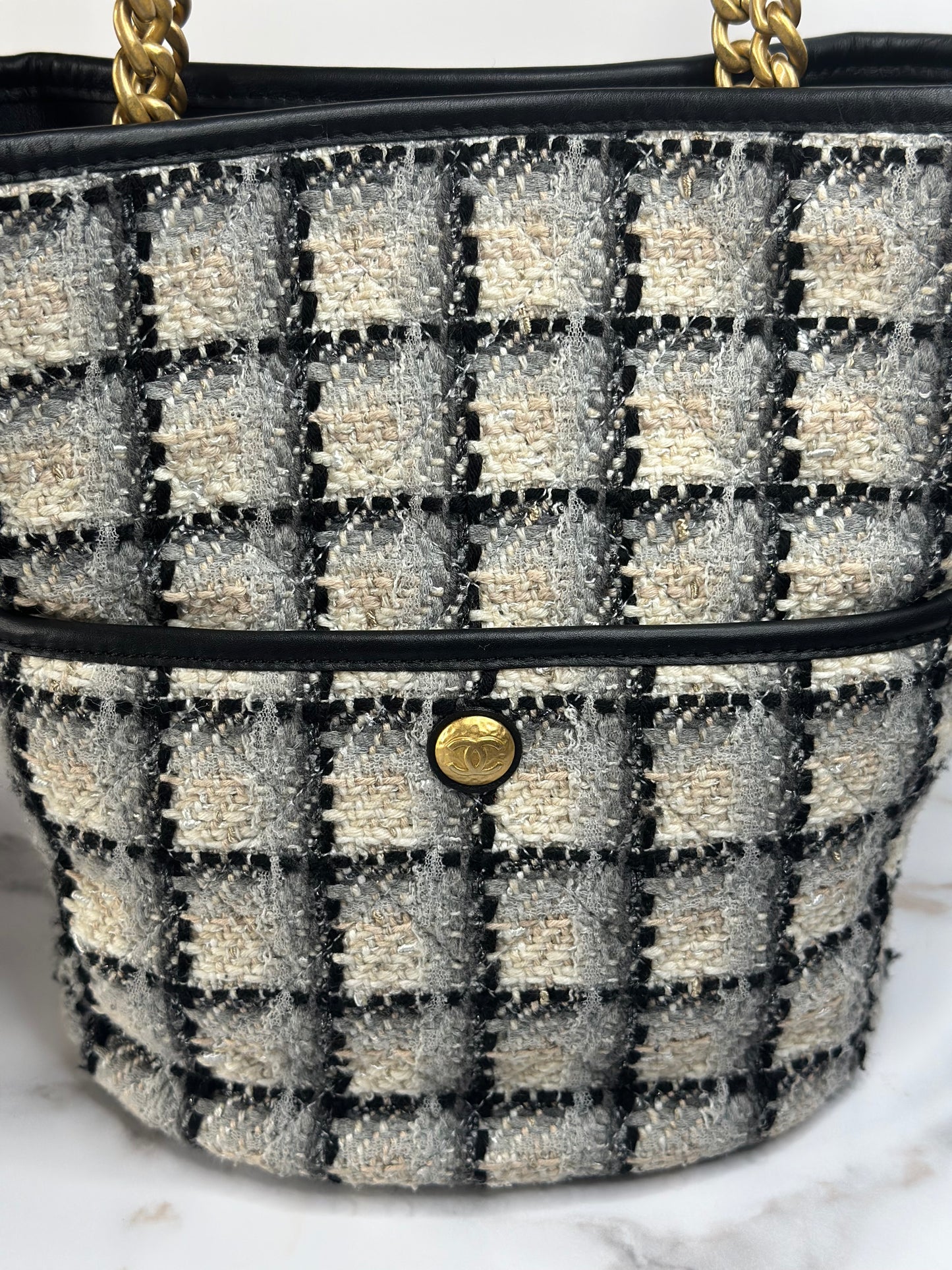 Pre-owned Chanel Coco Mark Chain Shoulder Bag Tote Tweed Leather Black Gray Multicolor Gold Hardware