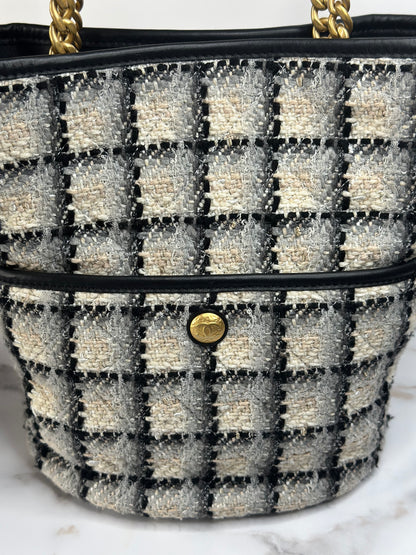 Pre-owned Chanel Coco Mark Chain Shoulder Bag Tote Tweed Leather Black Gray Multicolor Gold Hardware