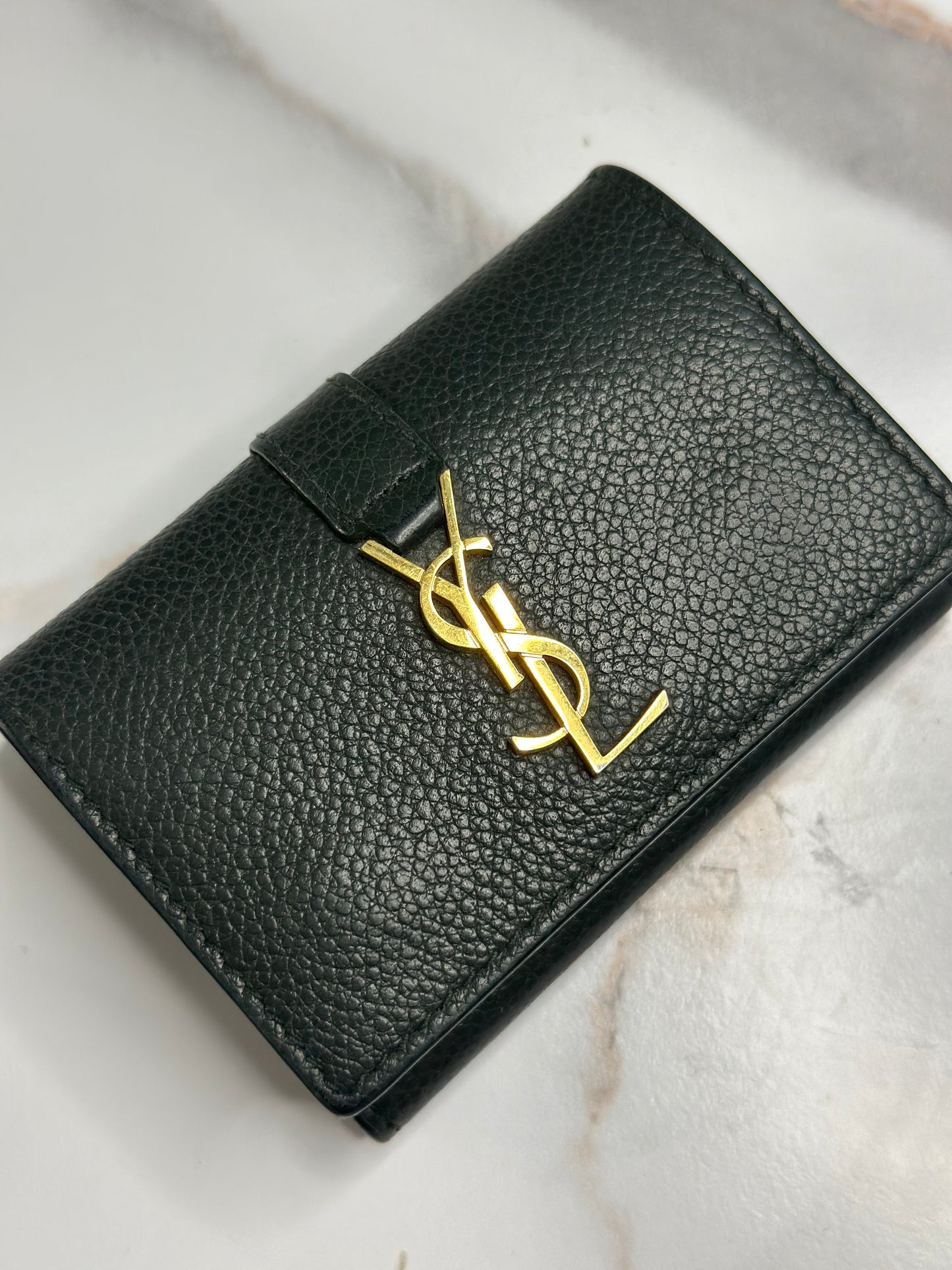 Pre-owned SAINT LAURENT Origami Tiny Leather Trifold Compact Wallet Dark Green Gold YSL