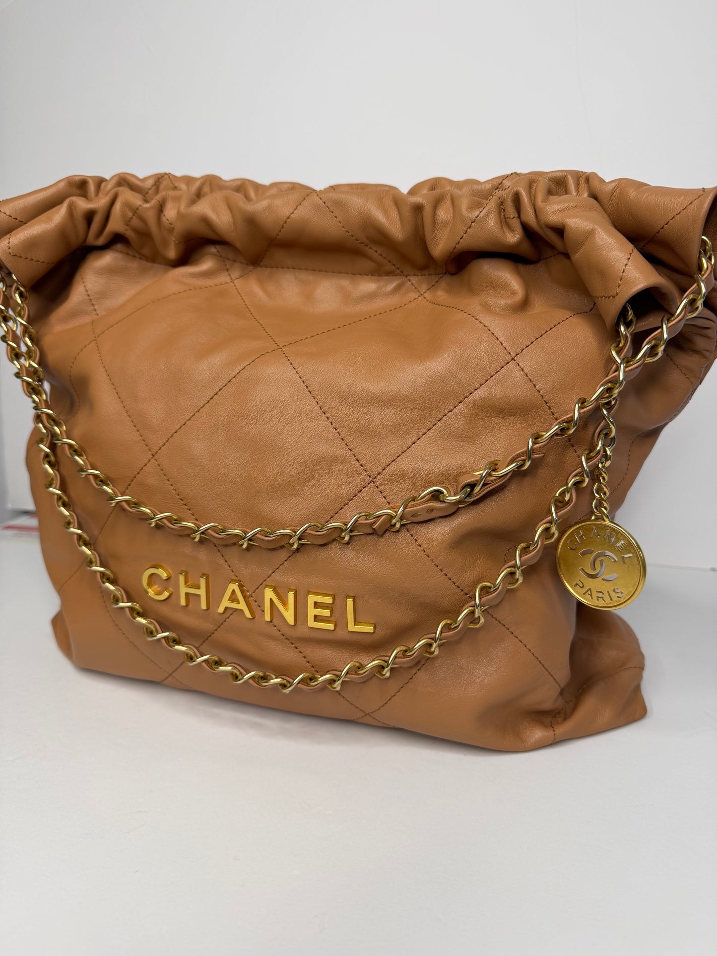 Pre-owned Chanel Caramel Calfskin Quilted 22 Hobo Bag Medium Antique Gold Hardware