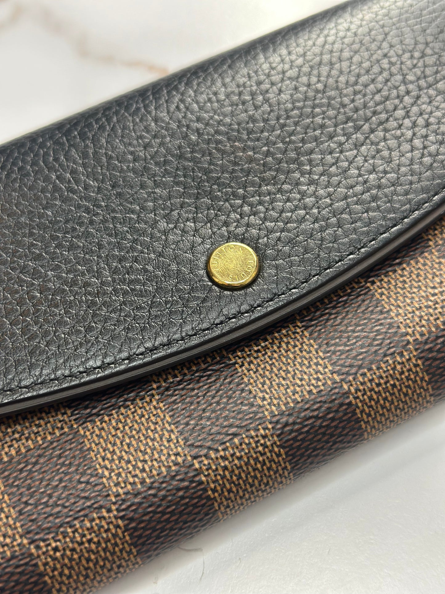Pre-owned Louis Vuitton Normandy wallet in Damier Ebene canvas and black leather
