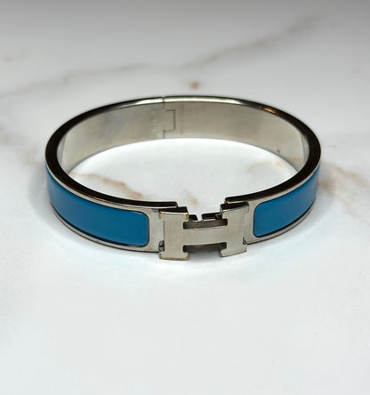Pre-owned Hermès Clic H bracelet in blue enamel with a silver-colored, palladium-plated metal finish