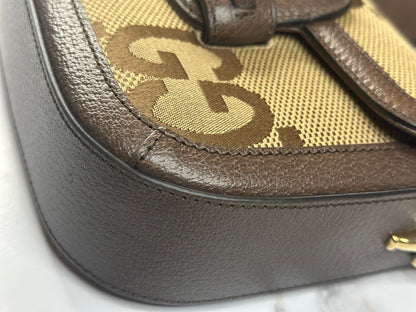 Pre-owned Gucci Horsebit 1955 Mini Shoulder Bag in beige and brown Jumbo GG canvas crossbody