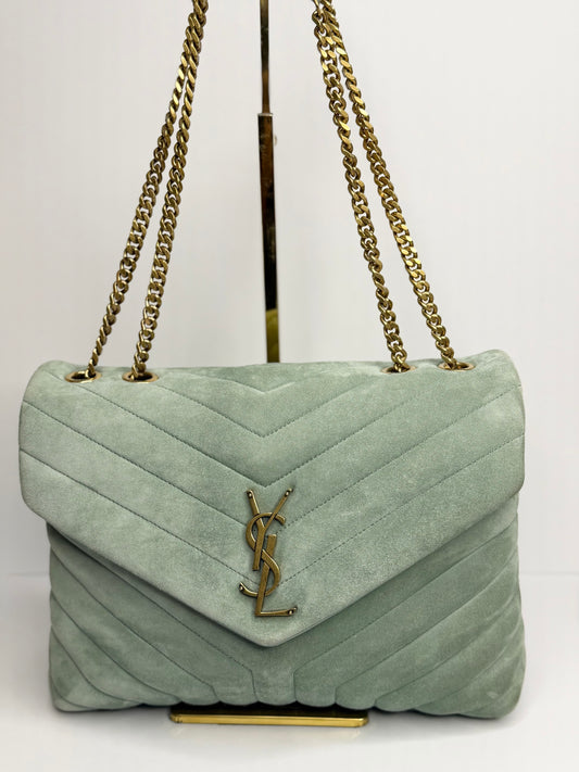 Pre-owned Saint Laurent soft vert opaline green suede medium Lou LoU shoulder bag
