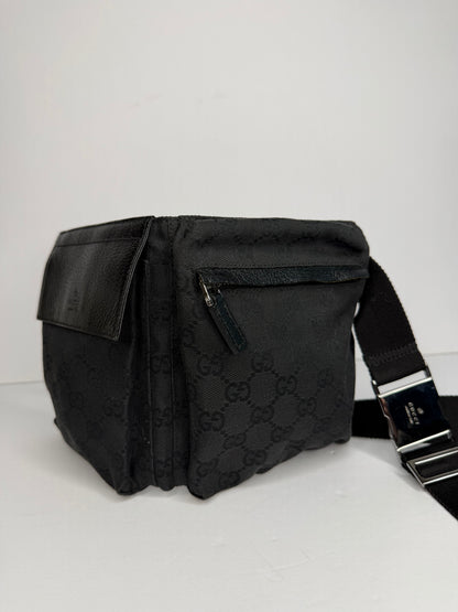 Pre-owned Gucci GG black canvas double pocket belt bag
