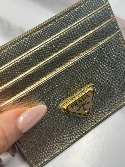 Pre-owned Prada metallic gold Saffiano leather card holder