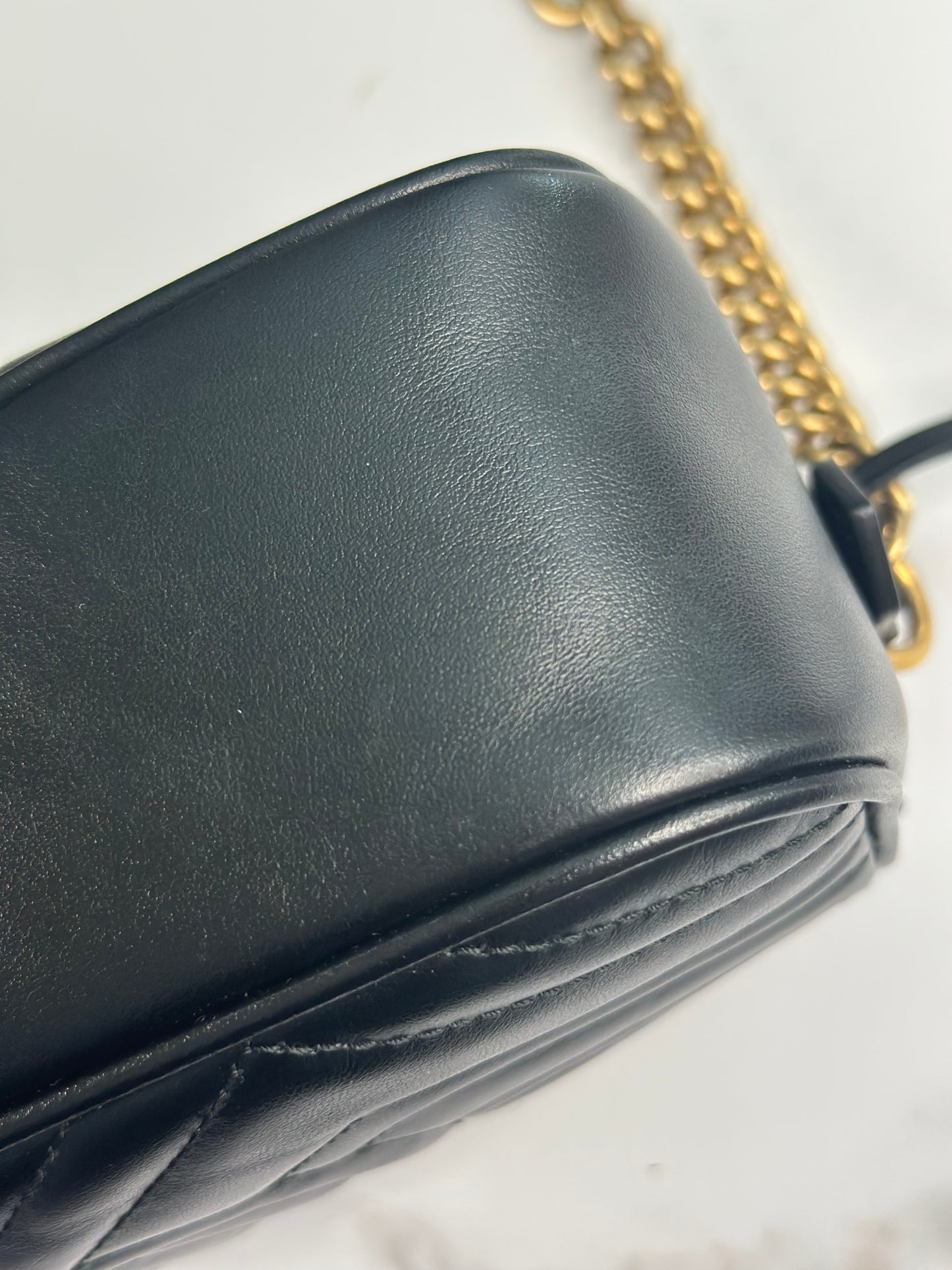 Pre-owned Gucci GG Marmont small camera bag in black chevron quilted leather crossbody