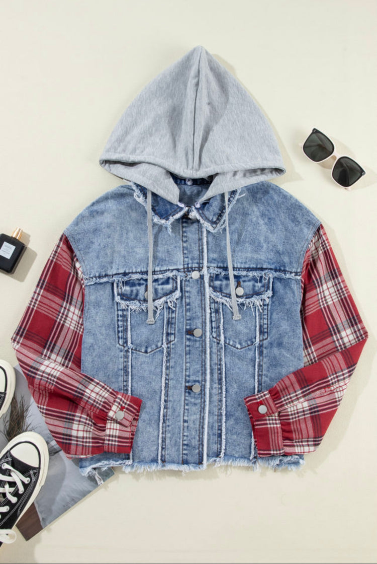 Plaid Patchwork Raw Hem Denim Jacket