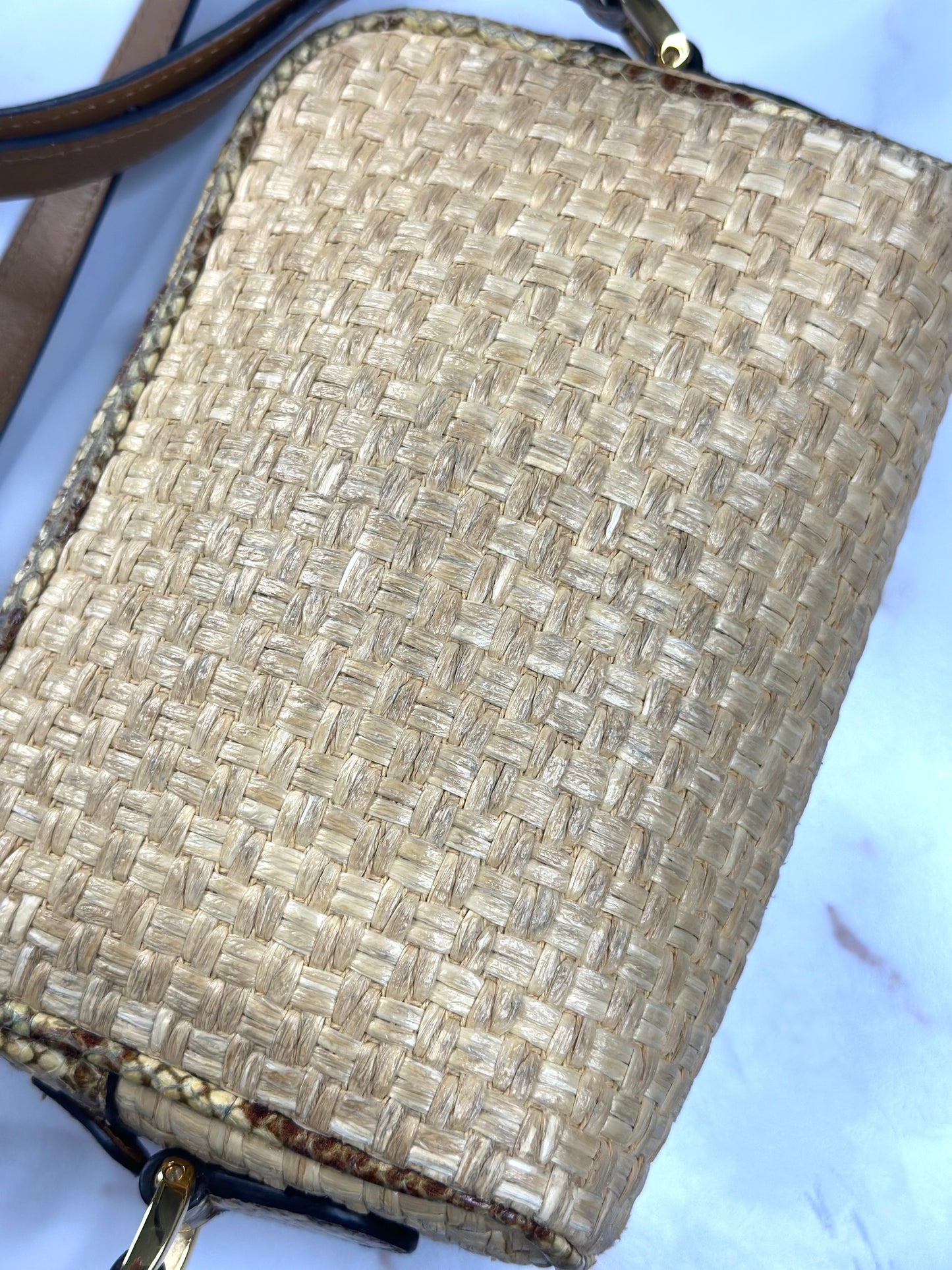 Pre-owned Gucci Raffia Elaphe Mini Ophidia Shoulder Bag Natural Cream Brown